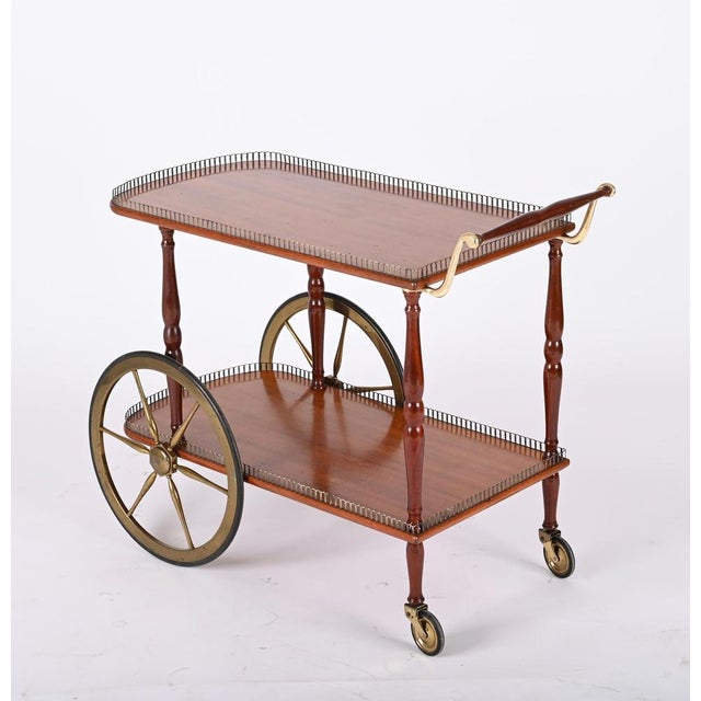 Wood Mid-Century Italian Mahogany and Brass Serving Bar Cart, 1960s For Sale - Image 7 of 18