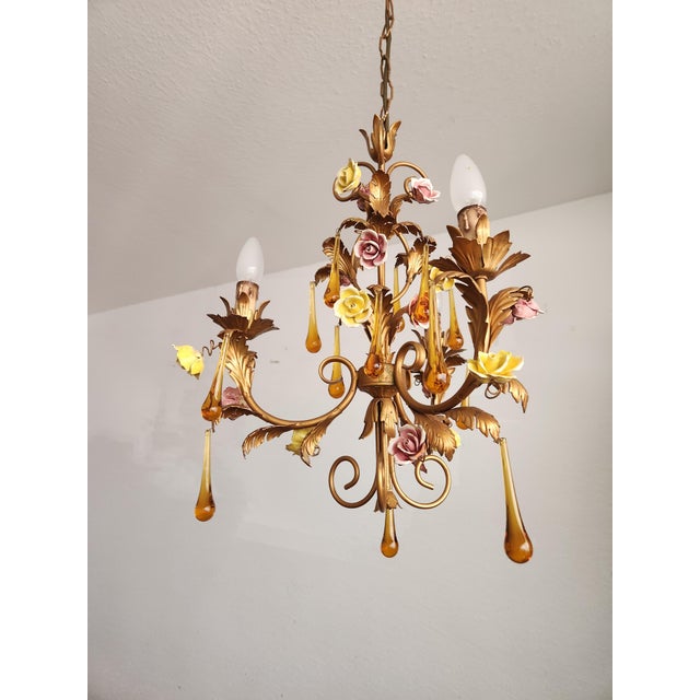 Vintage Venetian Three-Light Chandelier with Murano Glass Drops, 1960s For Sale - Image 12 of 18