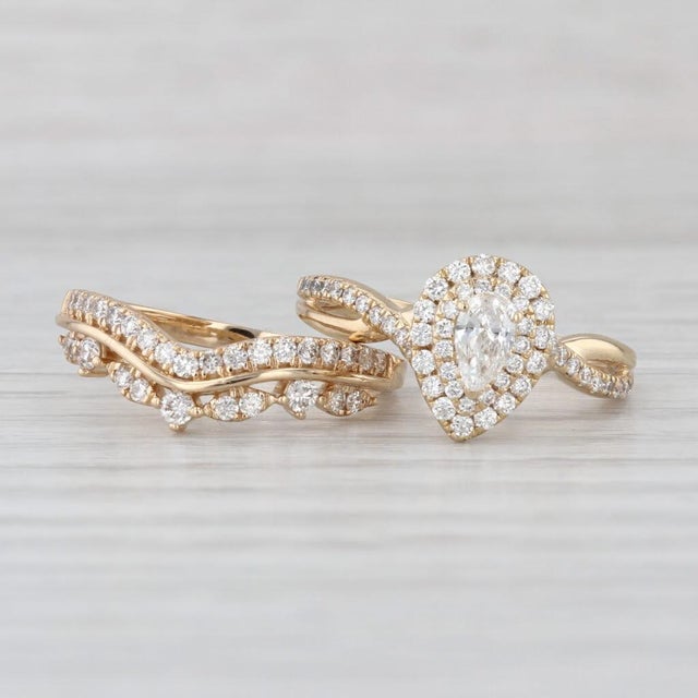 Metal 0.65ctw Pear Diamond Halo Engagement Ring Wedding Band Bridal Set 14k Gold, Size 4.5 For Sale - Image 7 of 9