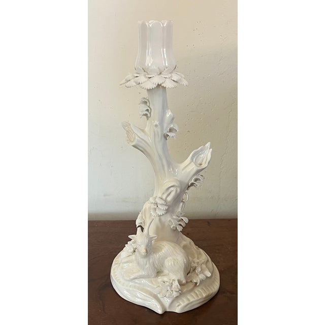 Antique 18th Century Derby Porcelain Blanc De Chine Candlestick Holder Faux Bois Tree Form Stem With a Goat For Sale - Image 11 of 17