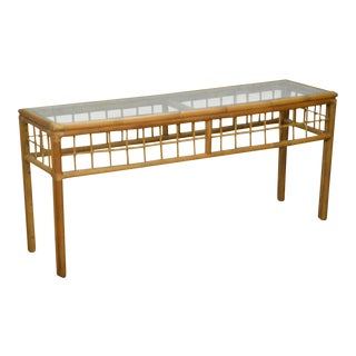Mid Century Rattan Bamboo Glass Top Console or Sofa Table For Sale