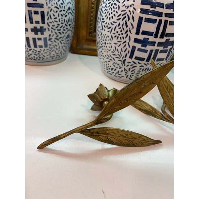 Vintage Brass Lotus Flower Candle Holders Tablescape With Leaf Bases - A Pair For Sale - Image 9 of 12