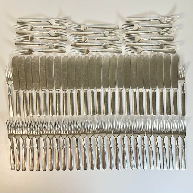 English Mid 1800s Antique English Boho Chic Monogrammed Silver Plate Knives and Forks - Set of 70 For Sale - Image 3 of 17