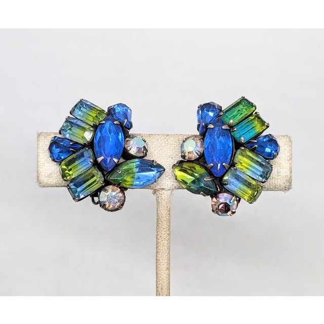 1960s Vintage 1960s Signed Kramer Blue & Green Cuba Rhinestone Clip Earrings-2 Pieces For Sale - Image 5 of 7