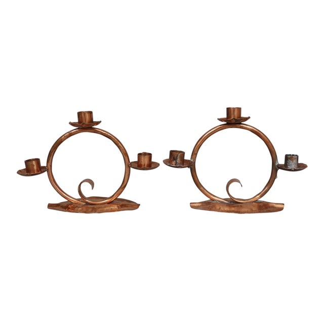 Art Nouveau 1930's Craftsman Studios Hammered Copper Candelabra, a Pair For Sale - Image 3 of 8