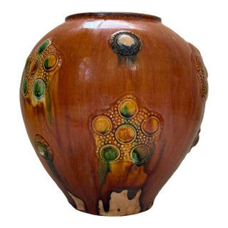 Mid 20th Century Rare Hand-Thrown 10" Tang Dynasty Style Sancai Glazed Pottery Medallion Jar For Sale
