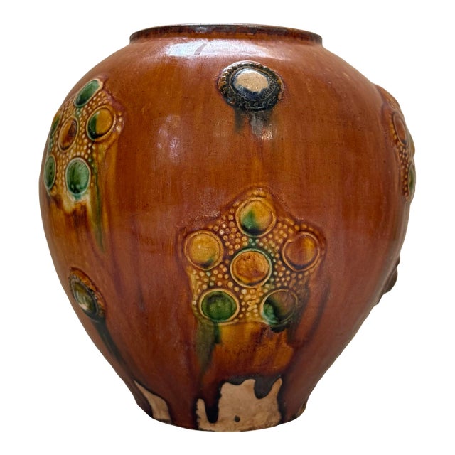 Mid 20th Century Rare Hand-Thrown 10" Tang Dynasty Style Sancai Glazed Pottery Medallion Jar For Sale