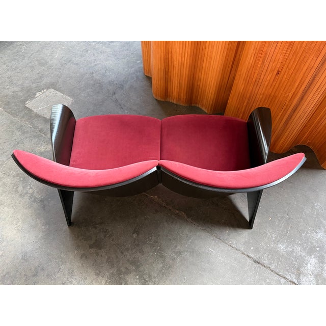Wood Black Plywood Sofa with Burgundy Velvet Upholstery, 1980s For Sale - Image 7 of 8