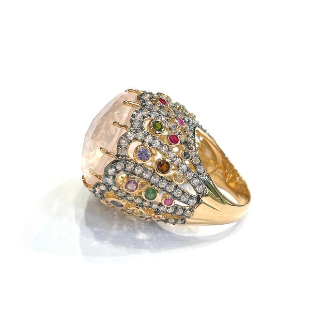 Bochic "Orient" Pink Quartz & Sapphire Ring Set In 18K Gold & Silver For Sale - Image 4 of 18