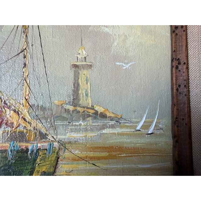 1960s Vintage Coastal Harbor & Lighthouse Oil Painting on Plywood – Framed For Sale - Image 12 of 13