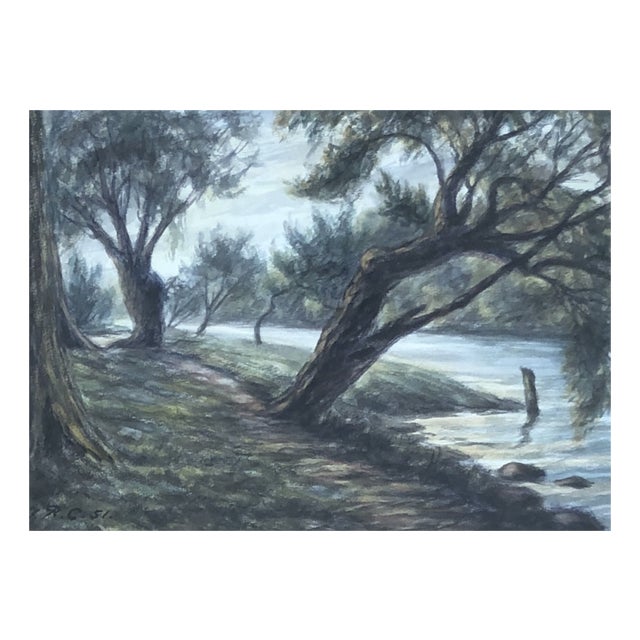 Jules Robert Chatelain, Au bord de l'eau, 1951, Watercolor on Paper, Framed For Sale