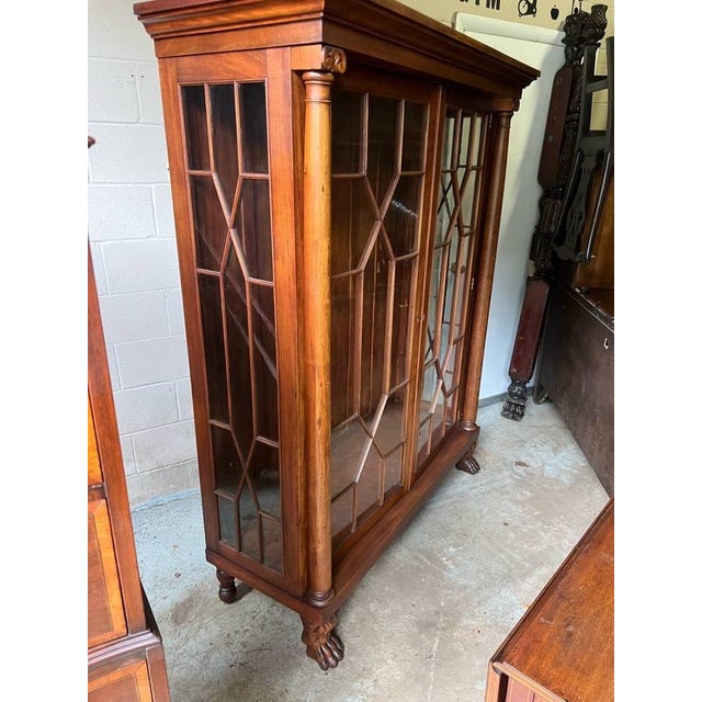 Early 20th Century Antique American Empire Carved Wood Double Glass Door Bookcase For Sale - Image 5 of 11