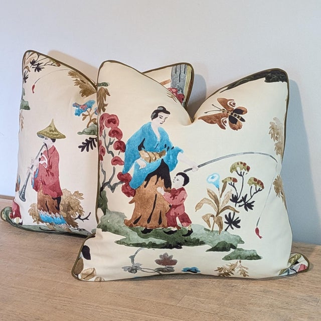 Brunschwig & Fils Luang Print Pillows in Meadow with olive green Samuel & Sons cord. Double sided, each side features a...