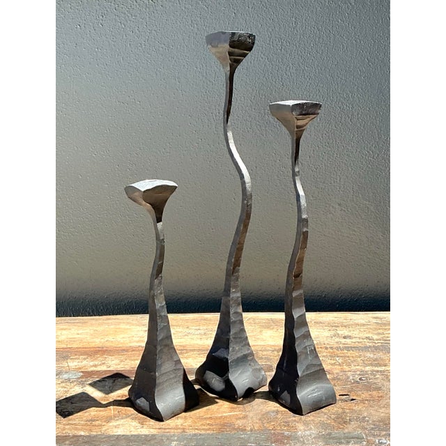 Vintage 1988 Hammered Iron Candlesticks - Set of 3 For Sale - Image 9 of 12