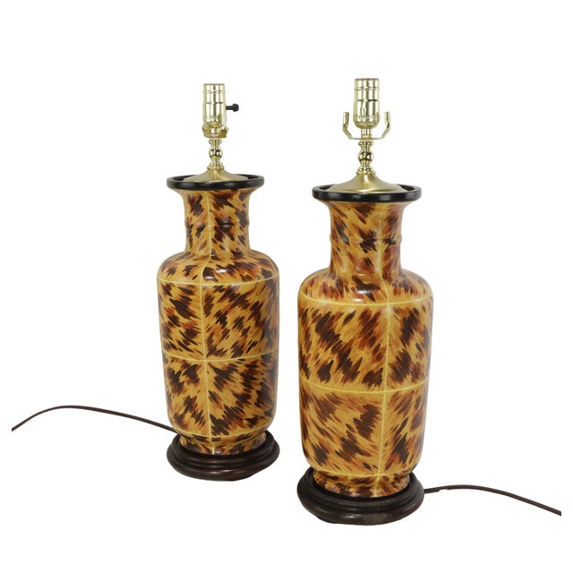 A Pair of Early 21st-Century Hand-Painted Tortoiseshell-Patterned Art Ceramic Table Lamps For Sale - Image 10 of 11