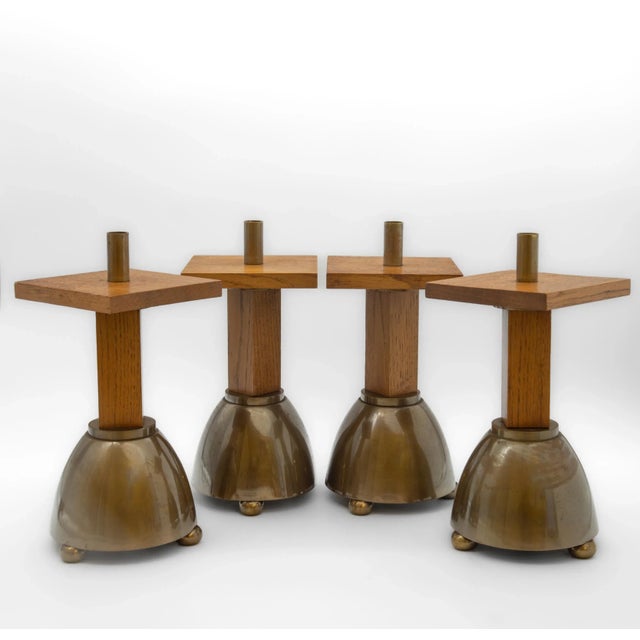 1970s Brutalist Oak & Brass Candleholders, Set of 4 For Sale - Image 5 of 9