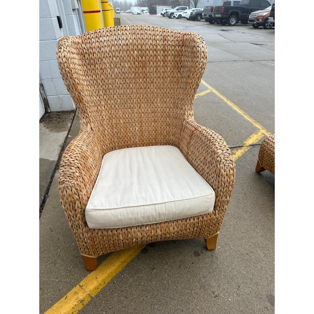 Coastal Pottery Barn Seagrass Wing Chair and Ottoman For Sale - Image 3 of 9