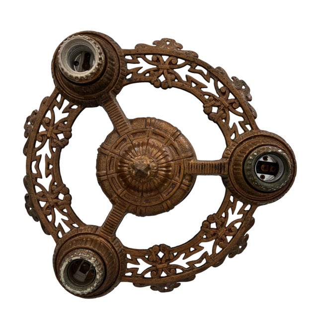 Gold 1920s Cast Metal Art Deco Flush-Mount Ceiling Fixture – 12" Diameter For Sale - Image 8 of 8