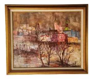 1960s Abstract Rural Landscape Painting by G. W Laing, Framed