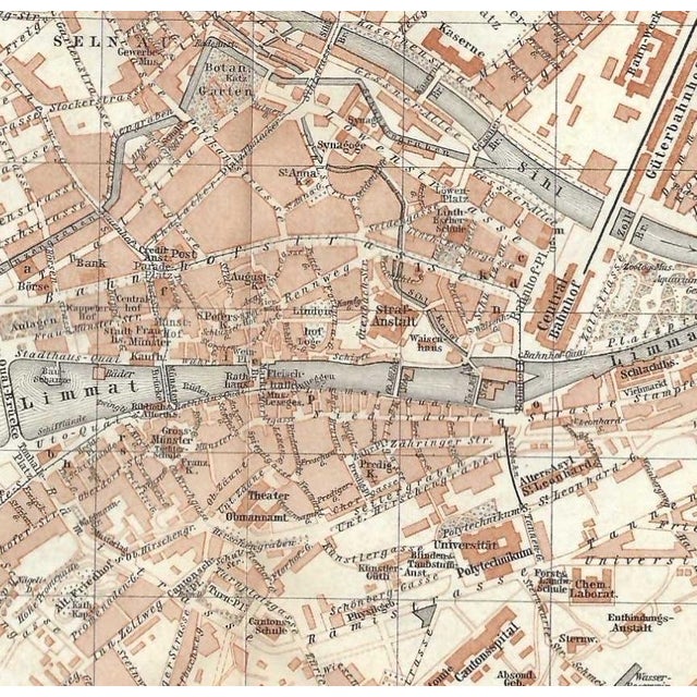 Circa 1900 map of Zurich from a Swiss travel atlas. Combined shipping available, please inquire.