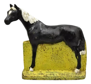 Antique Art Deco Cast Iron Figural Horse Form Black & Yellow Doorstop
