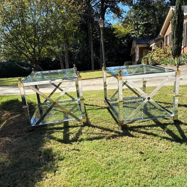 Vintage Chrome and Brass X-Base Tables Attributed to Maison Jansen ~ a Pair For Sale - Image 4 of 11