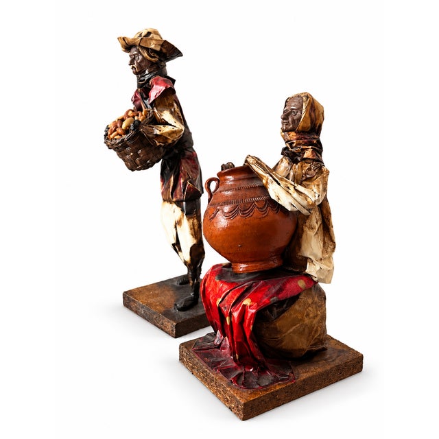 Rustic Late 20th Century Mexican Folk Art Papier-Mâché Market Figures With Basket and Jug — Pair For Sale - Image 3 of 7
