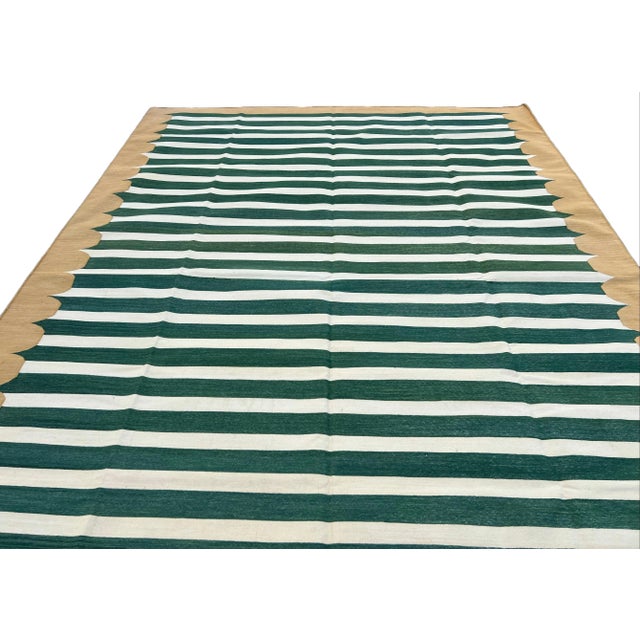 Textile Handmade Cotton Area Rug, Natural Vegetable Dyed, Green and White Striped Dhurrie With Mustard Border -4'x6' For Sale - Image 7 of 10