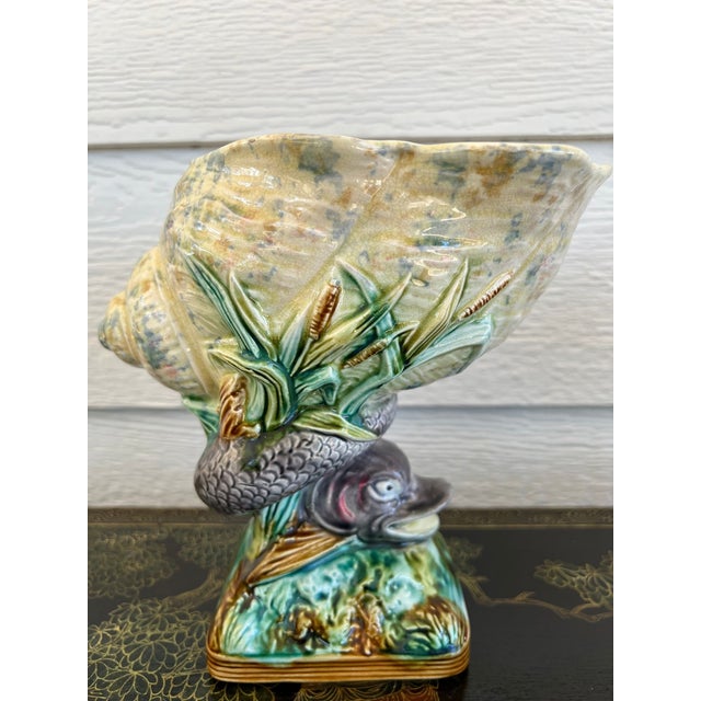 English Antique Majolica Vase Bowl Dolphin Nautilus Shell English Royal Worcester C1870 For Sale - Image 3 of 18