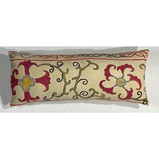Textile Single Antique Silk Embroidery Suzani Pillow For Sale - Image 7 of 11