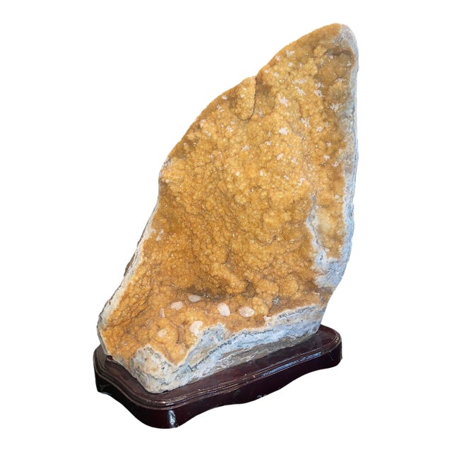 Large Natural Citrine Quartz Crystal Specimen on Wooden Base-Brazil 20th Century For Sale