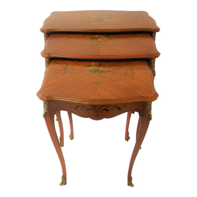 Antique French Mahogany Hand Painted Inlaid Nesting Tables With Brass Ormolu—Set of Three For Sale