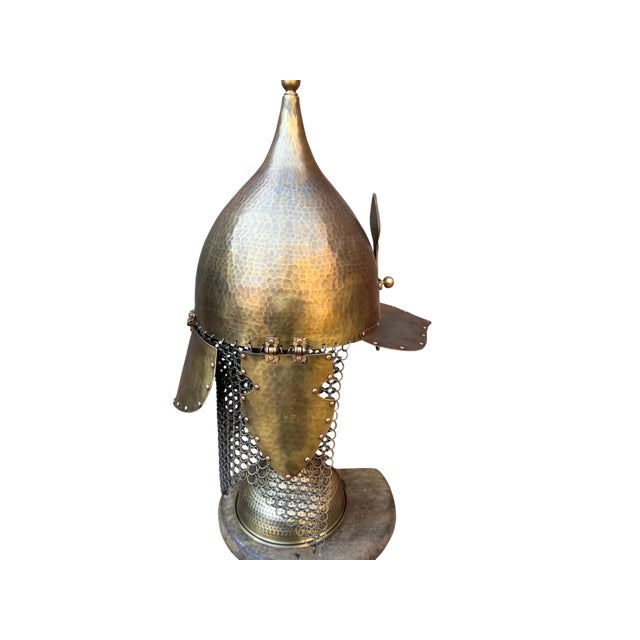 Hand-Hammered Brass Helm with Cheek Plates; This substantial brass sculpture captures the authentic engineering of...