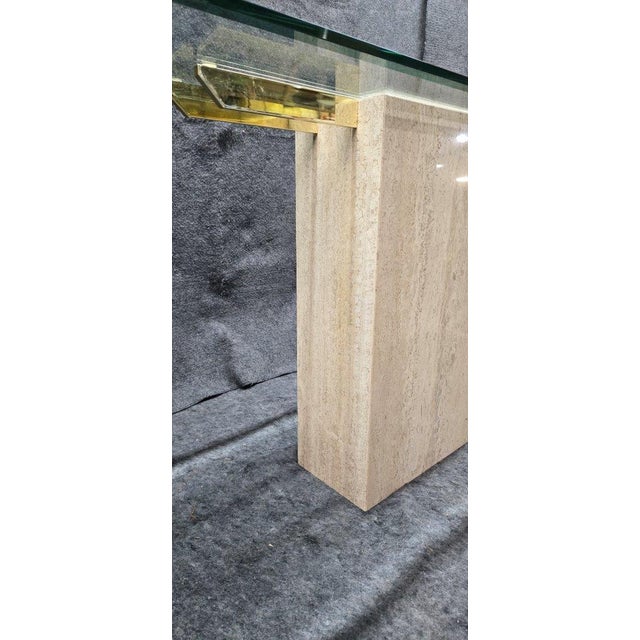 Marble Travertine Base Tall Rectangular Sofa Table With Glass Top For Sale - Image 11 of 11