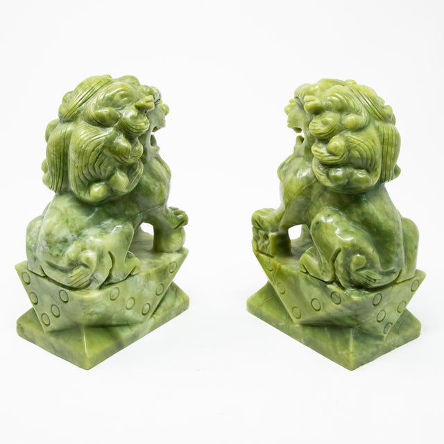 Chinese Carved Jade Stone Guardian Lion Figurines - a Pair For Sale - Image 9 of 13