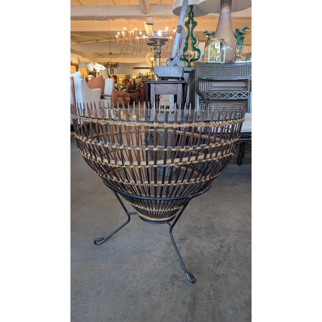 Pair Mid-Century Franco Albini Style Rattan, Iron & Glass Fish Trap Side Tables, Italy, 1960s A rare pair of Mid-Century...