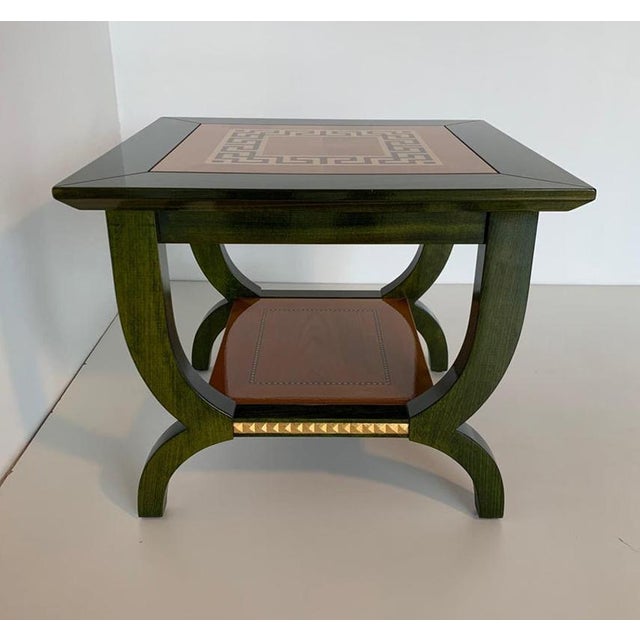 1980s Italian Coffee Table in Green Aniline with Maple Geometric Inlay and Gilt Detail, 1980s For Sale - Image 5 of 9