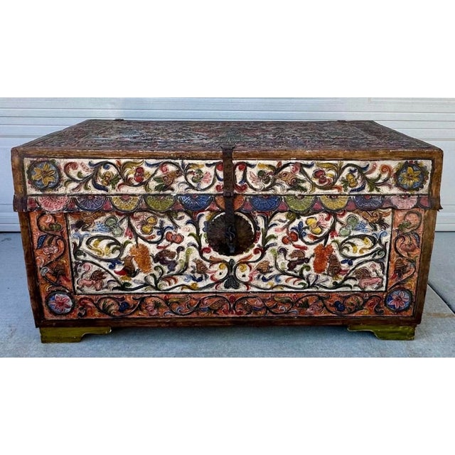 Museum-Quality 18th Century Peruvian Spanish Colonial Polychromed Leather Dowry Trunk/ Chest Description This exceptional...