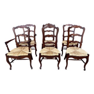 1980s Vintage Mahogany French Country Ladder Back Chairs With Rush Seats, Set of 6. For Sale