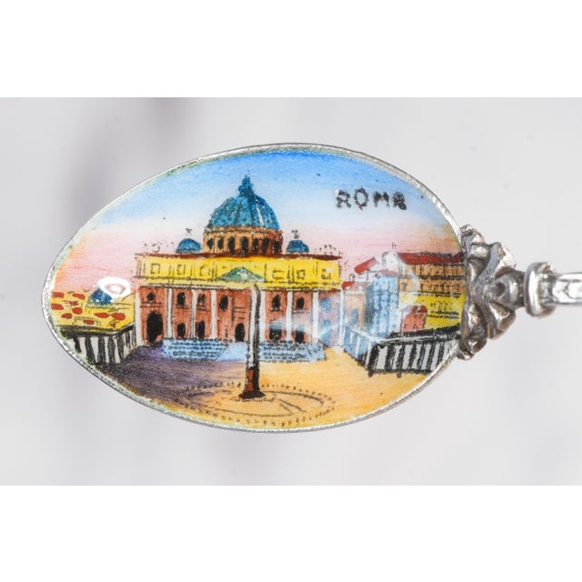 Grand Tour Nice Hand Painted Enamel Antique Grand Tour 800 Silver Spoon Vatican St. Peter's Basilica Rome Italy For Sale - Image 3 of 9