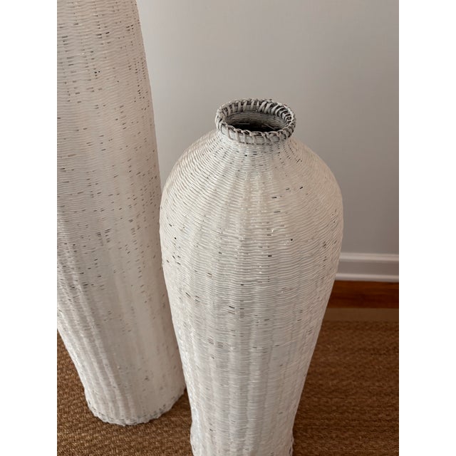 French Country Antique White Panted Wicker Tall Fish Baskets For Sale - Image 3 of 10