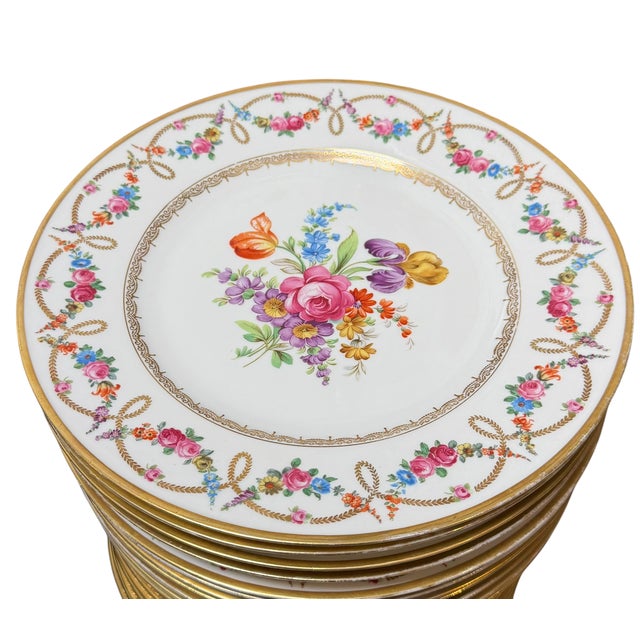 French Set of 12 Antique Schumann Dresden German Hand Painted Flower Dinner Plates For Sale - Image 3 of 3