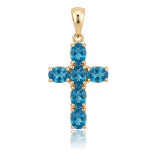 Natural London Blue Topaz Cross Pendant in 18k Gold Plated | December Birthstone Necklace | Fine Christian Jewelry For Sale