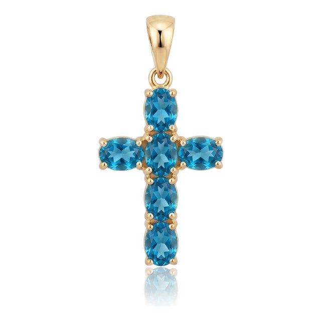Natural London Blue Topaz Cross Pendant in 18k Gold Plated | December Birthstone Necklace | Fine Christian Jewelry For Sale