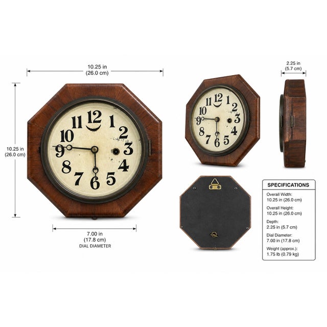 Vintage Octagonal Wooden Wall Clock with Key — Early 20th Century Mechanical Timepiece A beautifully aged early 20th-...