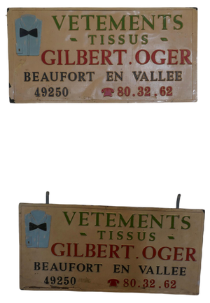French Haberdashery Market Stall Hanging Signs, 1930s, Set of 2