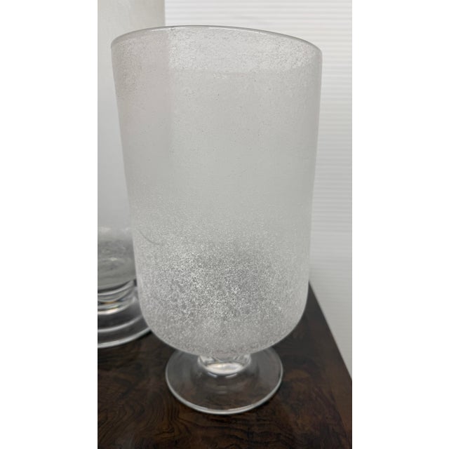 Frosted Glass Cylindrical Hurricane Vases, Set of Three For Sale - Image 10 of 12