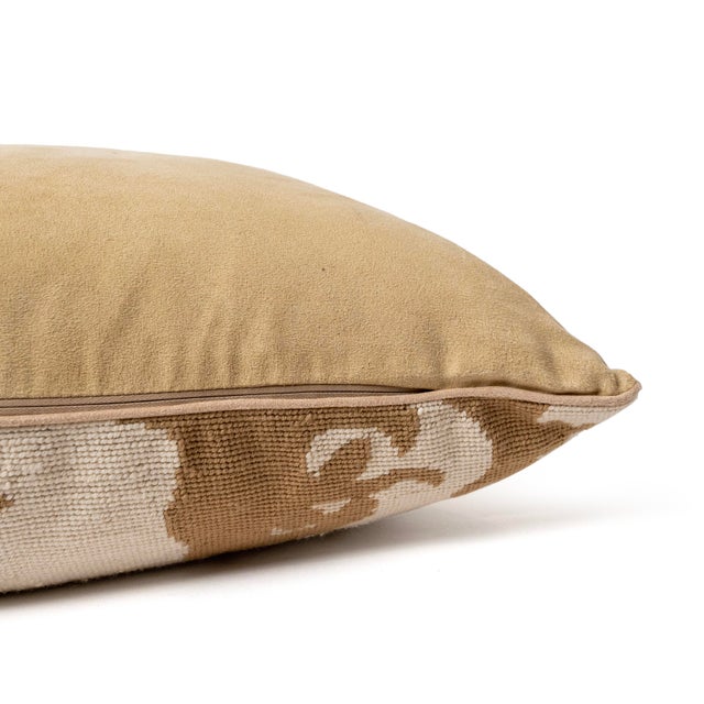 Textile Embroidered Griffon Lion Decorative Pillow – Oatmeal & Khaki Velvet Back For Sale - Image 7 of 10