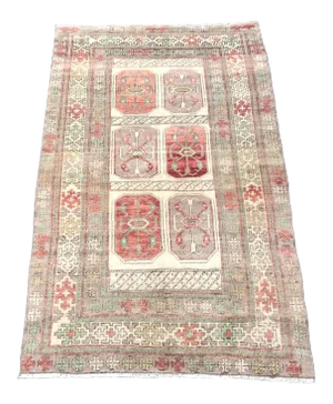Vintage Ethnic Design Turkish Handmade Gray and Red Rug