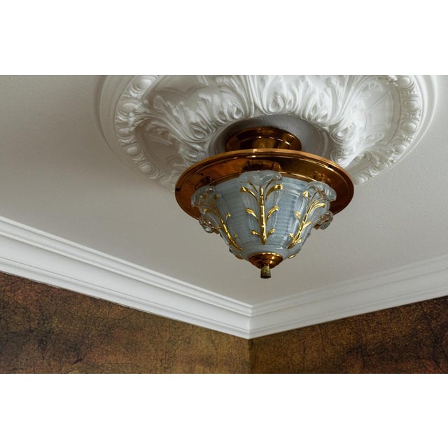 Art Deco French Copper and Frosted Glass Three-Light Ceiling Light, 1930s For Sale - Image 3 of 18